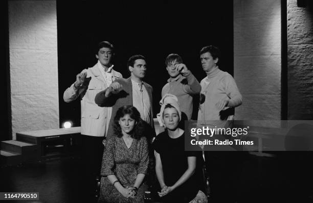 Actors Stephen Fry, Tony Slattery, Paul Shearer, Hugh Laurie, Emma Thompson and Penny Dwyer in the BBC television show 'The Cambridge Footlights...