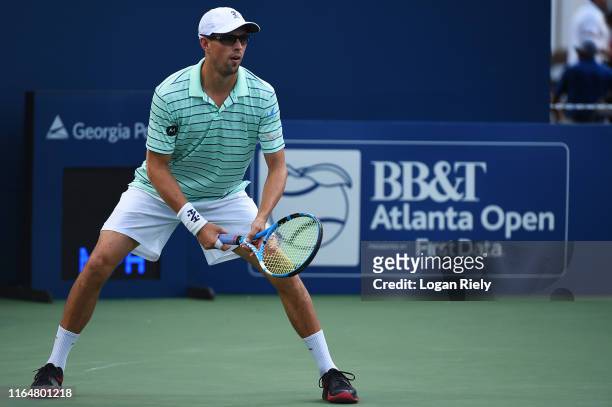 Mike Bryan waits for a serve from Dominic Inglot of United Kingdom and Austin Krajicek during the BB&T Atlanta Open at Atlantic Station on July 28,...