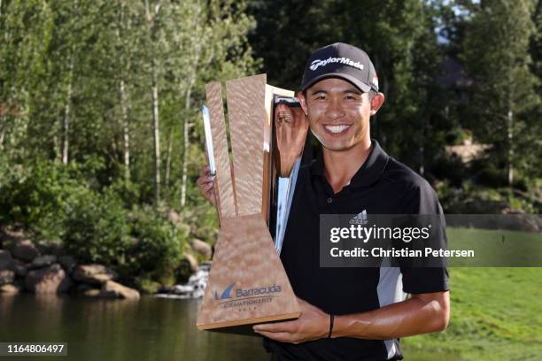 Collin Morikawa of the United States poses with the trophy after winning during the final round of the Barracuda Championship at Montreux Country...