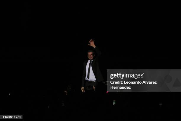 Film director Guillermo del Toro speaks during the opening concert "En Casa con mis Monstruos Sinfónico" by the Jalisco Philharmonic Orchestra at...