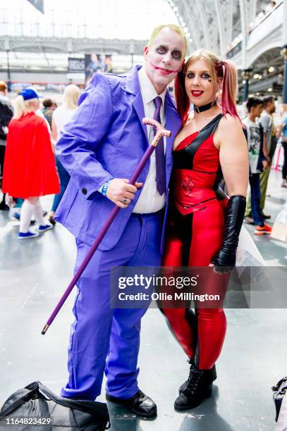 Cosplayer duo in character as The Joker and Harley Quinn seen during London Film and Comic Con 2019 at Olympia London on July 28, 2019 in London,...