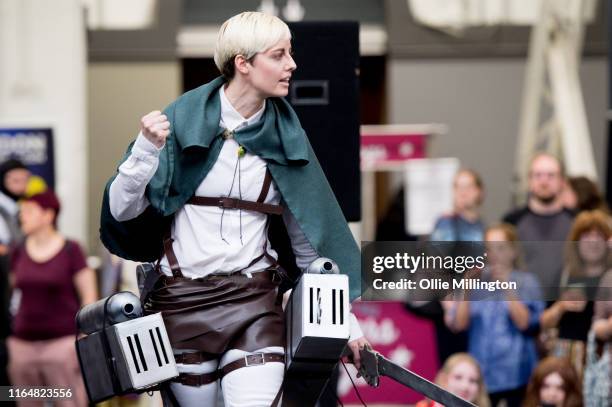 Cosplayer in character as Erwin Smith from Attack on Titan seen during London Film and Comic Con 2019 at Olympia London on July 28, 2019 in London,...