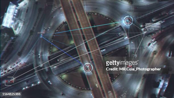 aerial view road traffic with technology hud multi path visual tracker target,connection technology - hud grafische gebruikersinterface stockfoto's en -beelden