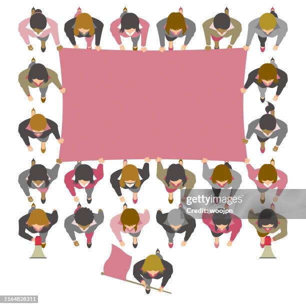 overhead view of business women protesting with pink flag - human rights stock illustrations