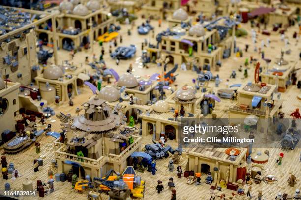 Mega Display of the Star Wars Tatooine Mos Eisley spaceport and docking bay 94 seen during London Film and Comic Con 2019 at Olympia London on July...