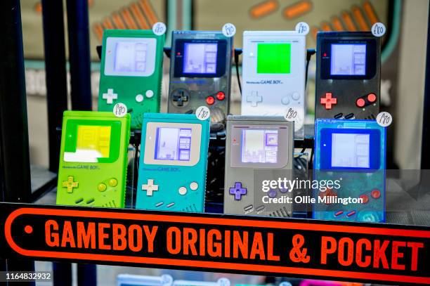 Modified Vintage Nintendo Game Boys all playing Tetris seen for sale during London Film and Comic Con 2019 at Olympia London on July 28, 2019 in...