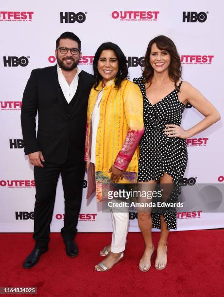 Incoming Executive Director of Outfest Damien Navarro, writer and director Nisha Ganatra and actress Amy Landecker arrive at the 2019 Outfest Los...