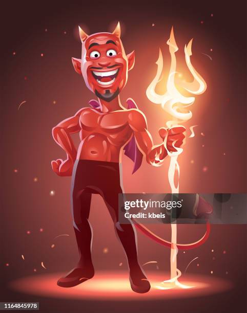 Laughing Devil With Flaming Trident High-Res Vector Graphic