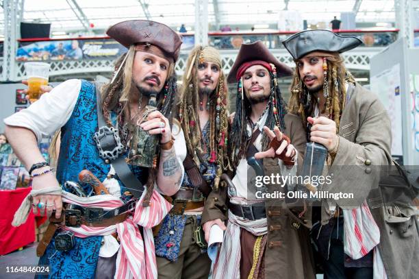 Pirates of The Caribbean cosplayer group all in character as Jack Sparrow seen during London Film and Comic Con 2019 at Olympia London on July 27,...