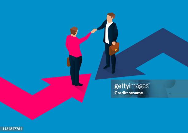 two businessmen shaking hands on a turning arrow - business relationship stock illustrations