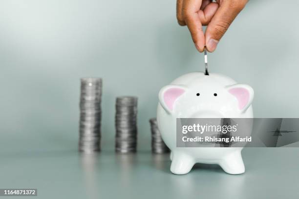 male hand putting a coin into piggy bank - silver putter stock pictures, royalty-free photos & images