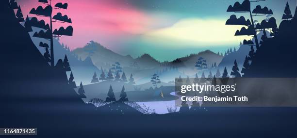 lakeside forest in the mountains at night with aurora and fog - stratosphere stock illustrations