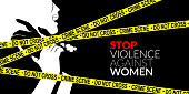man are using force to coerce woman with yellow crime scene tape. stop domestic violence against women campaign.