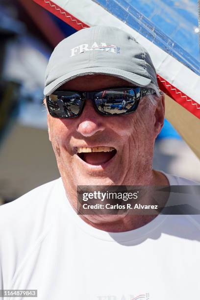 King Harald V of Norway on board of Fram XVIII during the 38th Copa Del Rey Mapfre Sailing Cup at Real Club Nautico on July 29, 2019 in Palma de...