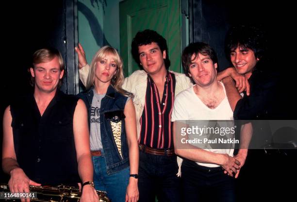 Portrait of the members of American Power Pop group the Textones as they pose backstage at the Metro, Chicago, Illinois, July 27, 1985. Pictured are,...