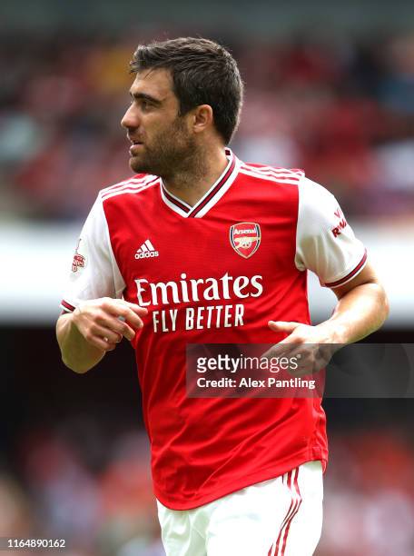 Sokratis of Arsenal during the Emirates Cup match between Arsenal and Olympique Lyonnais at Emirates Stadium on July 28, 2019 in London, England.