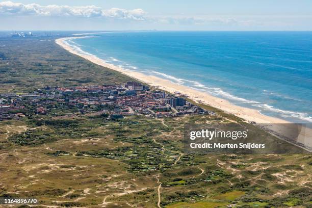 aerial of city, dunes and beach at egmond aan zee - beach bird's eye perspective stock pictures, royalty-free photos & images