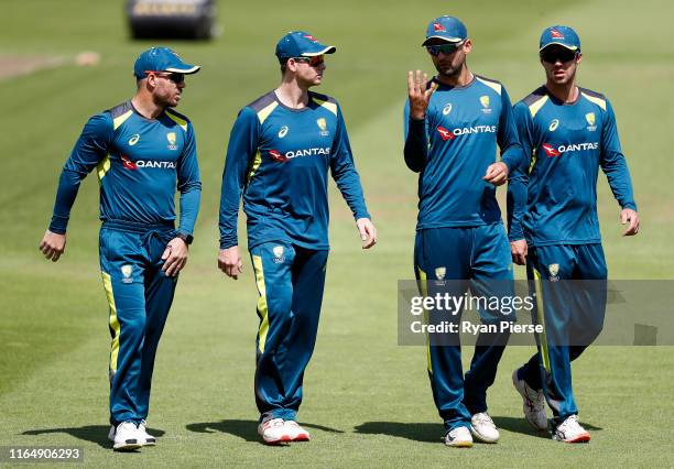 David Warner, Steve Smith Nathan Lyon and Travis Head of Australia inspect the pitch during the Australia Nets Session at Edgbaston on July 29, 2019...