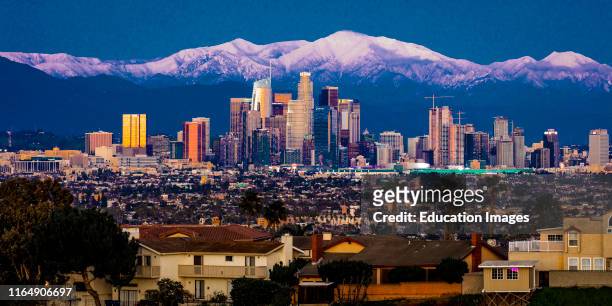 City of Angeles, Los Angeles Skyline framed by San Bernadino Mountains and Mount Baldy with fresh snow from Kenneth Hahn State Park.