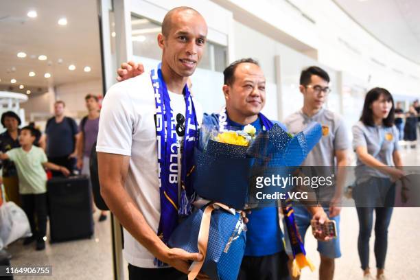 Jiangsu Suning's new signing Joao Miranda arrives at airport on July 29, 2019 in Nanjing, Jiangsu Province of China.