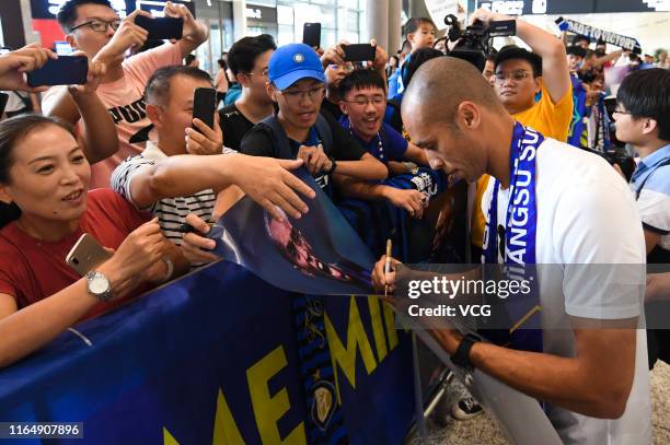 Jiangsu Suning's new signing Joao Miranda arrives at airport on July 29, 2019 in Nanjing, Jiangsu Province of China.