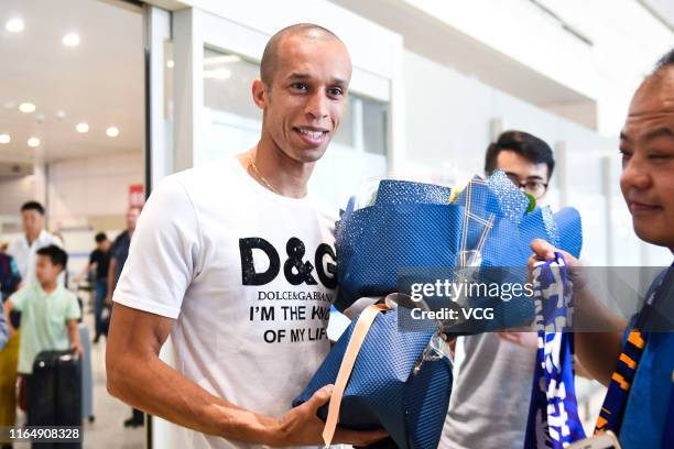 Jiangsu Suning's new signing Joao Miranda arrives at airport on July 29, 2019 in Nanjing, Jiangsu Province of China.