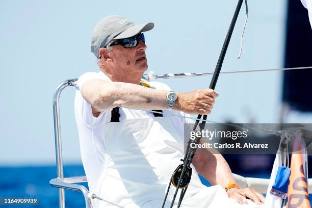 King Harald V of Norway on board of Fram XVIII during the 38th Copa Del Rey Mapfre Sailing Cup at Real Club Nautico on July 29, 2019 in Palma de...