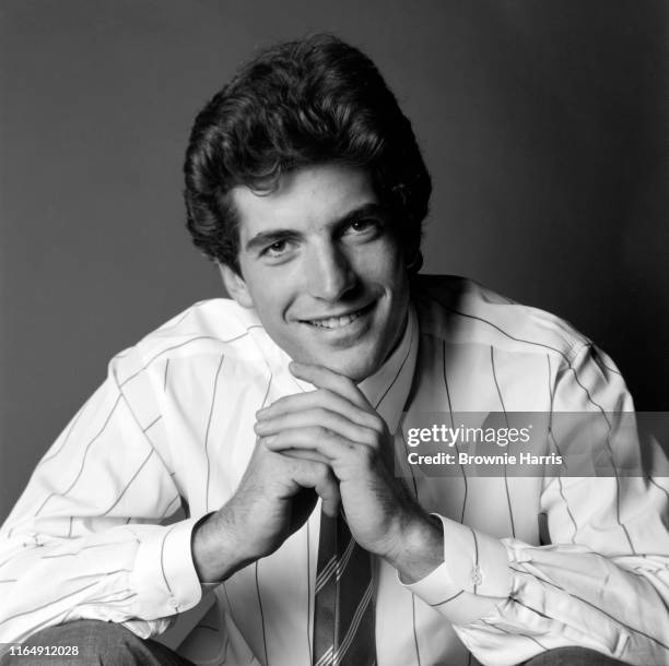 Studio portrait of American lawyer and magazine publisher John F Kennedy Jr , New York, New York, 1988.