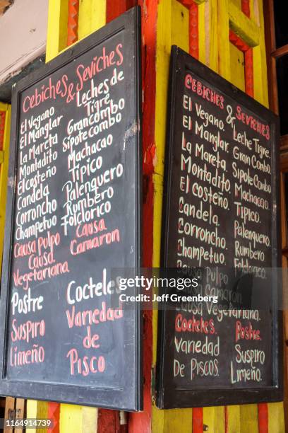 Colombia, Cartagena, Plaza de los Coches, Portal de los Dulces, Ceviche bar menu.