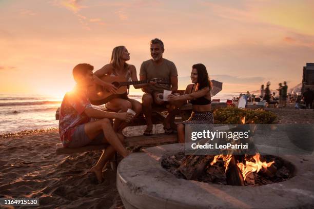 partie de famille sur la plage en californie au coucher du soleil - feu plage photos et images de collection