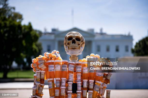 Pill Man, a skeleton made from Frank Huntley's oxycontin and methadone prescription bottles, is seen on Pennsylvania Avenue in front of the White...