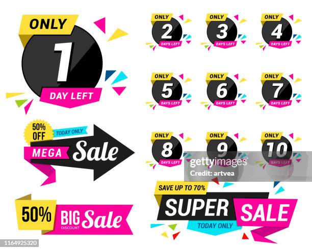 set of number days left countdown for promotional banner and sale tag elements - big sale stock illustrations