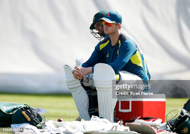 Steve Smith and Nathan Lyon of Australia look on during the Australia Nets Session at Edgbaston on July 29, 2019 in Birmingham, England.