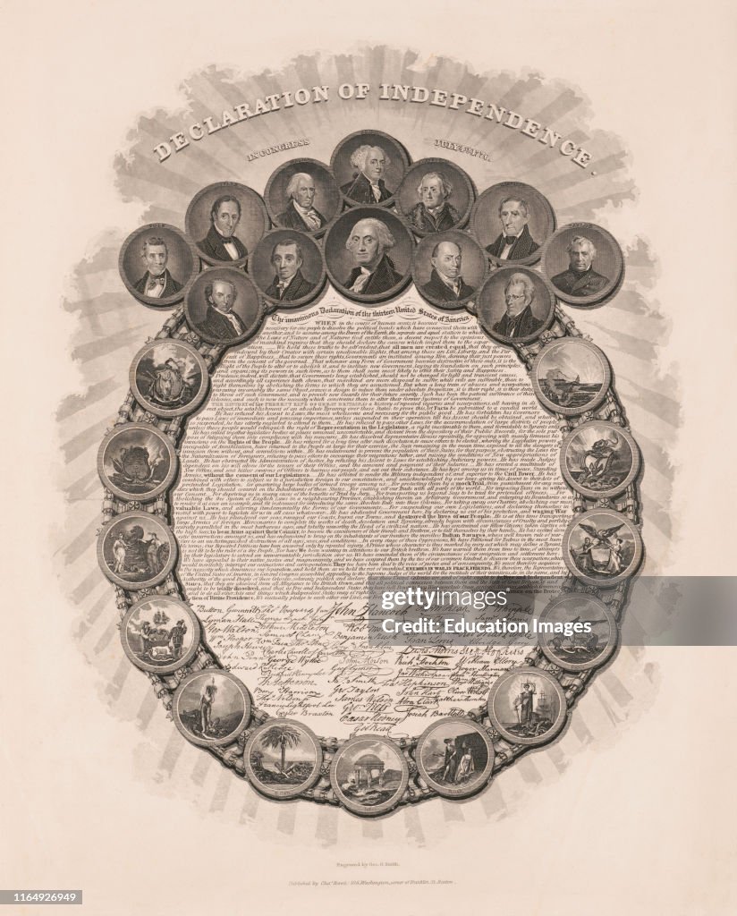 Declaration of Independence, in Congress July 4th 1776, Text and Signatures within Wreath of Portraits of First Twelve US Presidents and Scenes Representing Thirteen Colonies, Engraved by Geo G Smith, Published by Charles Root, Boston, 1850