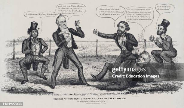 The Grand National Fight 2 against 1 Fought on the 6th Nov 1856 for One Hundred Thousand Dollars, Political Cartoon, J Childs, Philadelphia,...