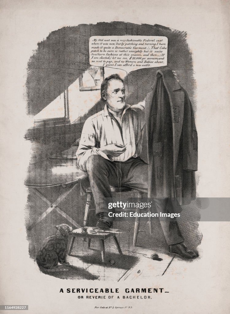 "A Serviceable Garment, or Reverie of a Bachelor", Political Cartoon featuring US Presidential Candidate James Buchanan, Lithograph, Nathaniel Currier, 1856
