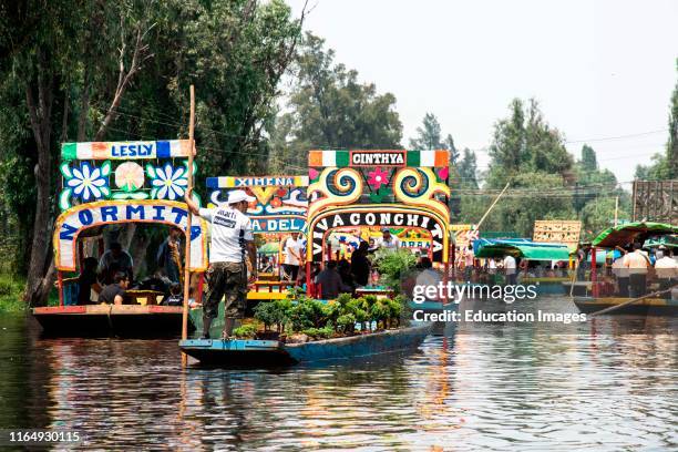 Plant vendor poles among pleasure boats in Xochimilco floating gardens, Mexico City, Mexico.