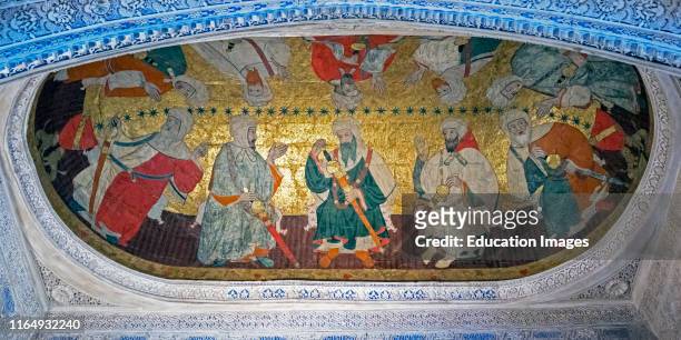 Painting in the Hall of the Kings, representing the first ten kings of the Nasrid dynasty, the Alhambra, Granada, Granada Province, Andalusia,...
