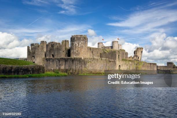 Caerphilly, Caerphilly, Wales, United Kingdom Caerphilly castle with its moat.