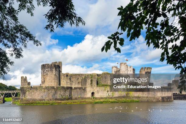 Caerphilly, Caerphilly, Wales, United Kingdom Caerphilly castle with its moat.