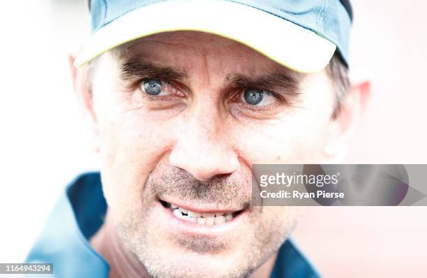 Justin Langer, coach of Australia, speaks to the media during the Australia Nets Session at Edgbaston on July 29, 2019 in Birmingham, England.