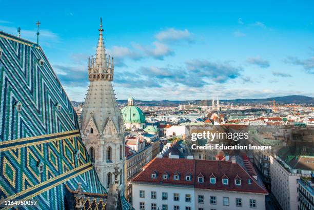 Elevated view from St Stephens Cathedral, Stephansdom, North tower in Vienna, Austria.