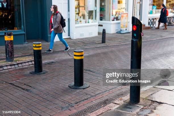 Automatic rising bollards to restrict traffic in Cambridge city center, Cambridgeshire, England, UK.