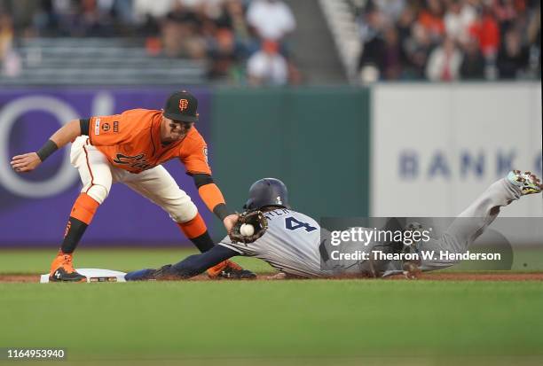 Wil Myers of the San Diego Padres steals second base ahead of the throw to Mauricio Dubon of the San Francisco Giants in the top of the first inning...