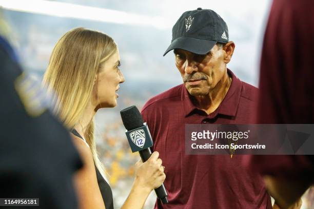 Arizona State Sun Devils head coach Herm Edwards is interviewed by the Pac 12 network before the college football game between the Kent State Golden...