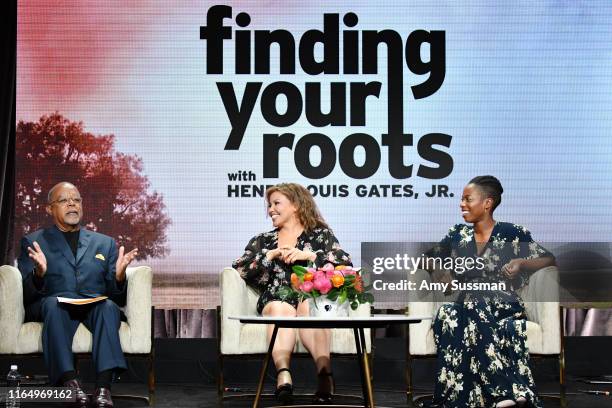 Dr. Henry Louis Gates, Justina Machado and Sasheer Zamata of Finding Your Roots speak during the PBS segment of the Summer 2019 Television Critics...