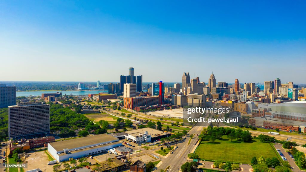 Aerial panoramic view of Detroit downtown Michigan