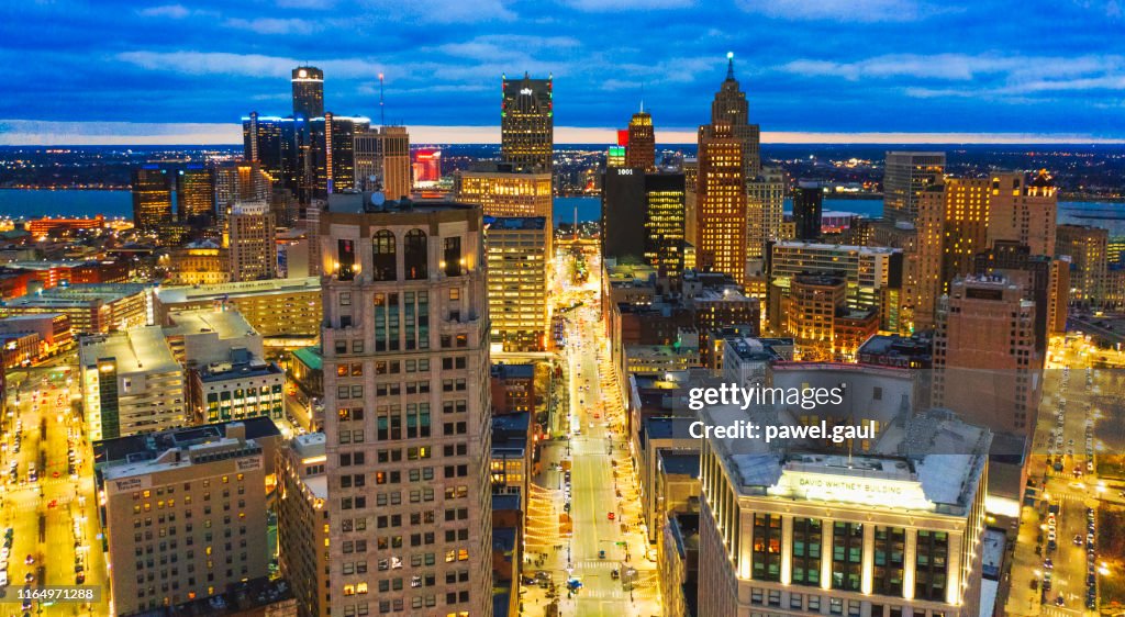 Aerial Skyline of Detroit downtown with Michigan at night