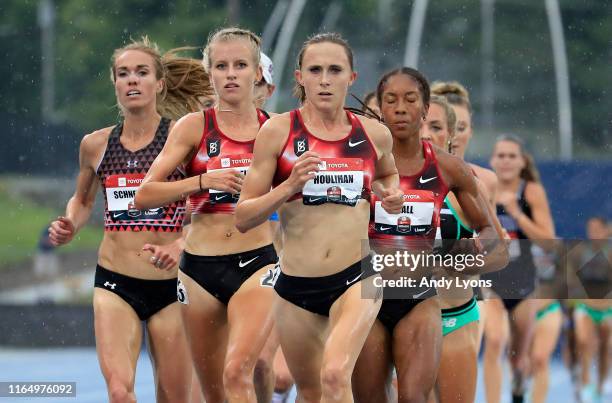 Shelby Houlihan runs to victory in the 5000 meter final during the 2019 USATF Outdoor Championships at Drake Stadium on July 28, 2019 in Des Moines,...