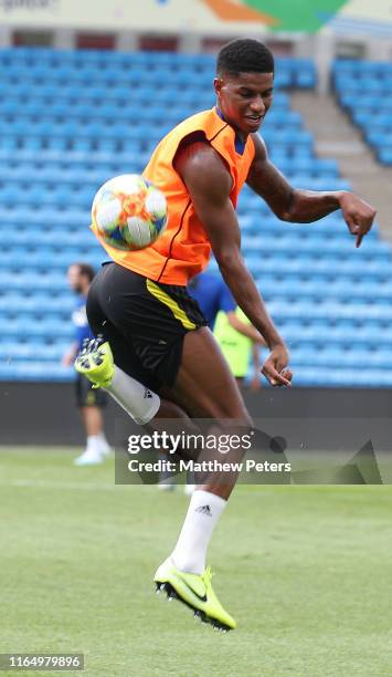 Marcus Rashford of Manchester United in action during a first team training session ahead of their pre-season friendly match against Kristiansund at...